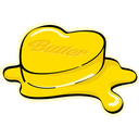 A heart-shaped pat of yellow butter melting into a puddle with the word Butter written on it.