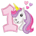 Unicorn head with a yellow horn and purple mane positioned next to a large pink striped number one with heart accents.