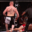 Brock Lesnar standing in an MMA cage with his arms raised, shouting in celebration.