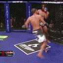 A fighter in an MMA ring executes a spinning heel kick against an opponent.