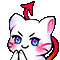 A white cat with a red devil tail winks and smiles with a smug, mischievous expression.