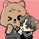 A chibi character with bear ears leans against a large brown bear mascot who is winking.