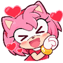Amy Rose with a joyful expression surrounded by floating red hearts.