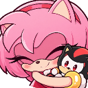 A pink hedgehog character with closed eyes smiling while hugging a small black and red plush toy.