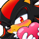 A black and red hedgehog with a blushing face holding a pink heart against its chest.