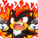 Shadow the Hedgehog with an angry expression holding two guns in front of a blazing fire.