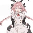 Anime girl in a maid outfit with bunny ears looking flustered and blushing.