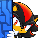 A black and red hedgehog with sharp eyes peeking from behind a blue, circuit-patterned wall.