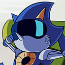 Metal Sonic leaning back with a smug expression and wearing a dark visor.