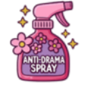 A pink spray bottle decorated with flowers and sparkles, labeled Anti-Drama Spray.