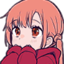 Anime girl with pink hair peeking from behind a red hoodie with a shy expression.