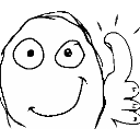 A hand-drawn cartoon face with a wide grin giving a thumbs up gesture.