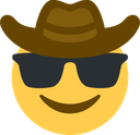 A yellow smiley face wearing a brown cowboy hat and black sunglasses with a confident grin.