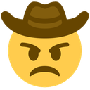 A yellow smiley face with an angry expression wearing a brown cowboy hat.