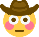 A yellow smiley face wearing a brown cowboy hat with wide eyes and pink blushing cheeks.