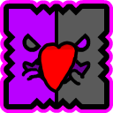 Heart with a split design, half purple and half gray, featuring a mischievous facial expression.