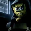 SpongeBob wearing a dark hoodie with a serious, intense facial expression.
