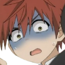 Anime character with red hair and a pale blue face showing a look of extreme shock and panic.
