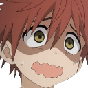 Anime boy with wide eyes and a panicked expression showing sweat beads on his face.