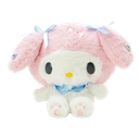 My Melody plushie sitting down with pink fur, white face, and blue ribbons on her ears.