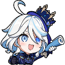 A chibi anime girl with white hair and blue eyes smiling happily while holding a blue rolled scroll.
