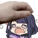 Anime girl with a distressed expression being patted on the head by a large hand.