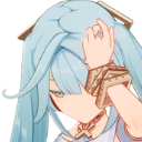 Anime girl with light blue hair resting her hand on her head with a bored, unimpressed expression.