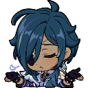 Kaeya from Genshin Impact with a closed-eye expression and a shrug gesture.