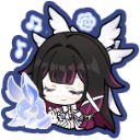 A chibi anime girl with wings and dark hair hums with her eyes closed, accompanied by a glowing blue spirit and musical no...
