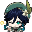 An anime character with teal hair and a beret winks while a small yellow star sparkles next to them.