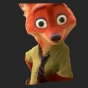 Nick Wilde the fox with wide, shocked eyes wearing a green shirt and a tie.