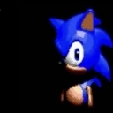 Blue hedgehog character peeking out from a dark background.