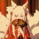 Fox girl with white hair and ears holding a fan in front of her face with a smug expression.