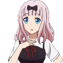 Chika Fujiwara with pink hair and a black bow looking confused and uncertain.