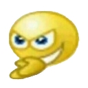Yellow smiley face with a mischievous grin and narrowed eyes looking to the side.