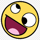 Yellow smiley face with a wide open mouth and eyes looking upward in a goofy, manic expression.