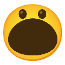 Yellow circular face with two small eyes and an extremely wide, dark, open mouth expressing shock.