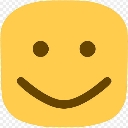 Square yellow face with a simple brown smile and brown eyes.