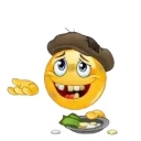 A yellow smiley face wearing a brown flat cap, smiling with missing teeth while holding out a hand and a bowl of coins.