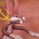 Bugs Bunny with arms outstretched in front of a red background featuring a yellow hammer and sickle symbol.