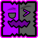 A square block with a split purple and gray face wearing a mischievous, jagged grin.