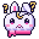 A cute purple bunny with a golden crescent moon on its forehead looking confused with two yellow question marks floating abo…