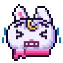 A small white creature with a gold crescent moon on its forehead has a pained, cringing expression with its eyes tightly clo…