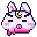 A white pixel art rabbit with a golden crescent moon on its forehead and a pouty, annoyed expression.