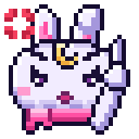 A white pixel art rabbit with a yellow crescent moon on its forehead and a red angry symbol floating above its head.