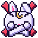 A white pixel art rabbit with a crescent moon on its forehead crossing its arms in a firm no gesture.