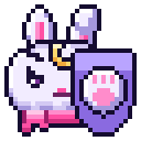 A white pixel art bunny holding a purple shield with a pink paw print on it.