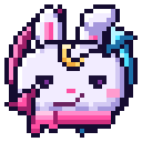 A white pixelated bunny with a smug expression and a golden crescent moon on its forehead.