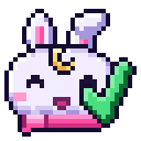 A cute white bunny with a moon on its forehead smiling and holding up a large green checkmark.