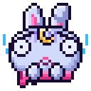 A small pixel-art creature with wide, panicked eyes and a gold crescent moon on its forehead.